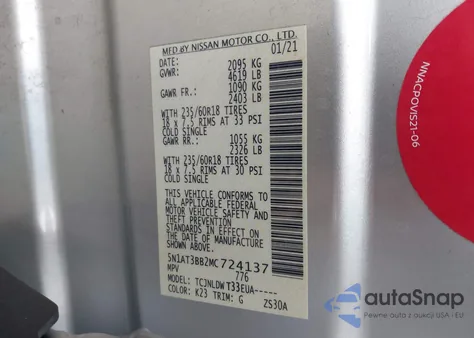 2021 Nissan Rogue Sv Intelligent Awd z USA, uszkodzony, nr VIN 5N1AT3BB2MC724137